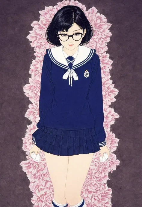 Line art,Flower Art,(Floral:1.2), (masterpiece, Highest quality),Vibrant colors,colorful, Highest quality,virgin, 15 years old,(School Sailor Suit、Navy Blue Skirt)、,White socks、Black Loafers、Crazy Smile、Black Hair、Wide forehead、Short braid、Brow wrinkles、Bl...