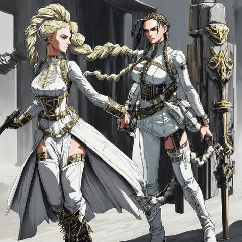 “A formidable and stylish warrior with braided hair and a confident smirk. She wears a high-tech, form-fitting white outfit with gold and black accents, complete with a corset, utility belts, and tall, intricate boots. Armed with a futuristic staff and a s...