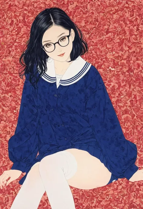 Line art,Flower Art,(Floral:1.2), (masterpiece, Highest quality),Vibrant colors,colorful, Highest quality,virgin, 15 years old,(School Sailor Suit、Navy Blue Skirt)、,White socks、Black Loafers、Crazy Smile、Black Hair、Wide forehead、Short braid、Brow wrinkles、Bl...