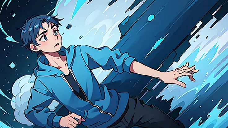 1 boy, blue hair, wearing a blue hoodie, running scared, high quality, 8k