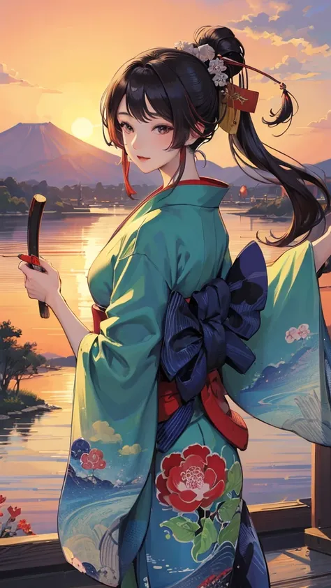 (Highest quality、masterpiece、High resolution、8K)、Vibrant colors、Ukiyo-e、Utamaro、The beauty of kimono、look back、bridge、river、Mount Fuji in the distance、Japanese style landscape、Official Art、