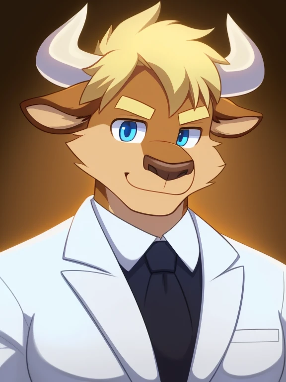 ((masterpiece, best quality)) a cartoon picture of full strong busty body, anthro brown bull wearing a white tuxedo suit, blonde hair, brown fur, cow nose, male, solo, one character, furry character, furry male. blue eyes, big cow horns, brown fur. fluffy ...