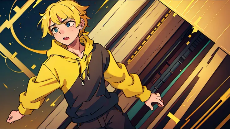 1 boy, yellow hair, wearing a yellow hoodie, running scared, high quality, 8k