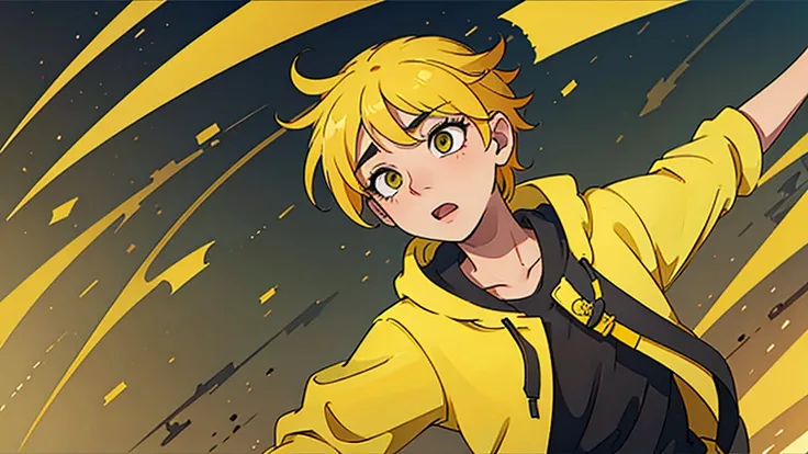 1 boy, yellow hair, wearing a yellow hoodie, running scared, high quality, 8k