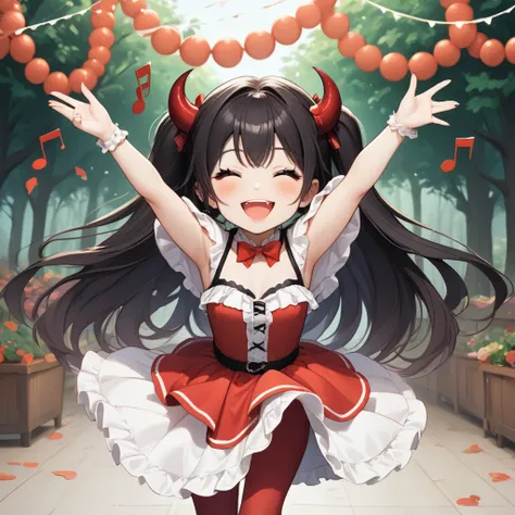 cute devil girl, happy smile, saying "thank you", saying "happy", dancing notes, fun party, hzk