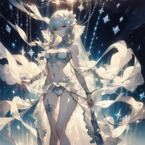 ((masterpiece, best quality)), Delicate face，Elf，Standing picture，whole body，Perfect body proportions，Long legs，Long wavy hair，beautiful eyes，Fantasy style，White background，Extremely beautiful，transparent，Pure white flower marriage，Sexy bikini，chain，Tattoo...