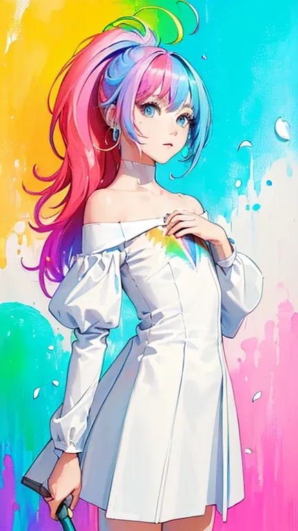 （Pink Fashion T-shirt：1.9），(colored hair: 1.8), (all colors of the rainbow: 1.8),(((((vertical painting：1.6))), （painting：1.6），正面, comics, illustrations, paintings, eyes large, crystal clear eyes,（ rainbow color gradient high ponytail：1.7）, exquisite makeu...