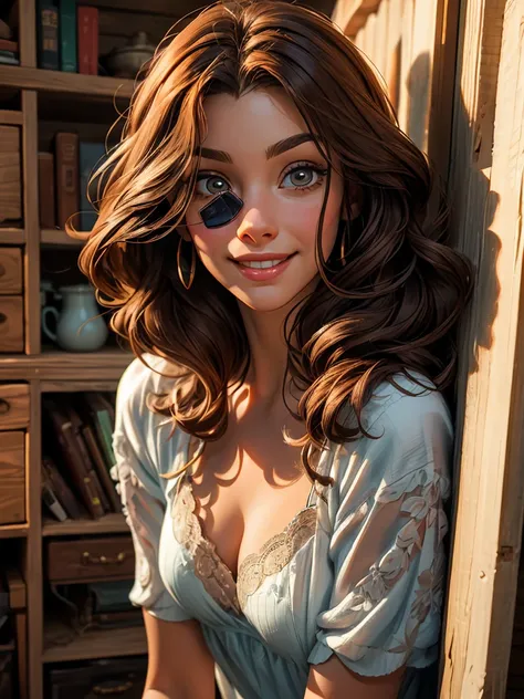 Rampart, forehead jewel,nose piercing, ,brown hair, solo,  long hair,   smiling,   cowboy shot, 
RampJS,jewelry,orange  lingerie with white srtipes,cleavage, 
tool shed,  small room,  science fiction, 
(insanely detailed, beautiful detailed face, masterpie...