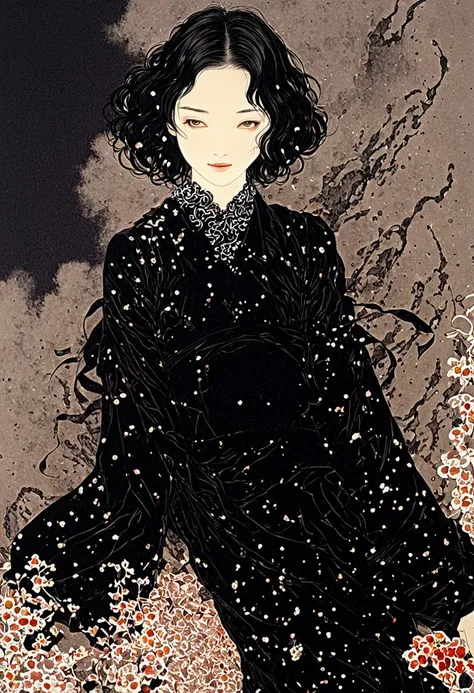 Line art、virgin、Splattered、Crazy Smile、Falling Flowers、takato yamamoto style、Black Dress