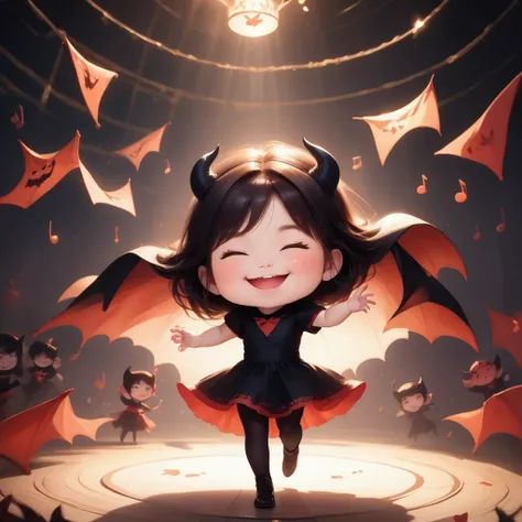 cute devil girl, happy smile, saying "thank you", saying "happy", dancing notes, fun party, hzk