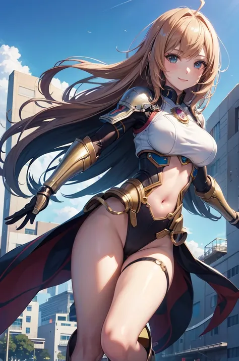 an anime girl, masterpiece, 4K,detailed, best quality, no bad anatomy and fingers, a beautiful young cyborg girl, smile, taking off into the sky, super detailed skin, FINAL FANTASY 12, Brave Command Dagwon, make-up, mechanical wings, background is the city...