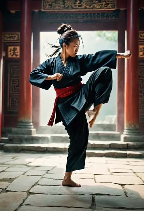 RAW. photorealistic. blurry high-speed movement of a Wuxia woman, updo hair, do a front kick to the stone demon until destroyed, creating a shockwave. dynamic pose. martial arts pose. in a temple. intricately detailed, cunematic lighting, sharp focus. 