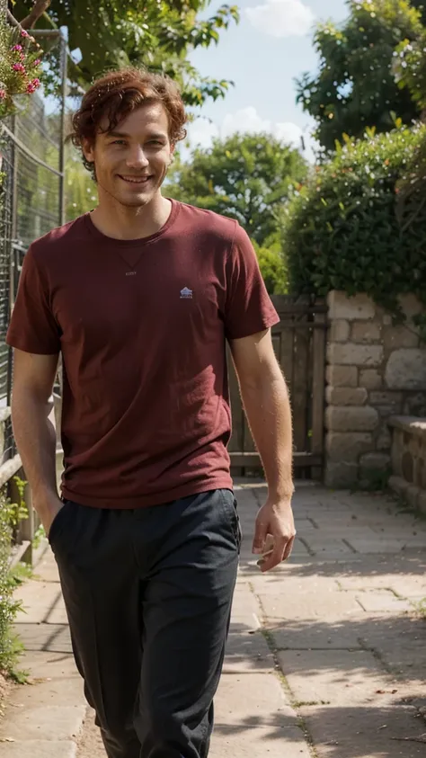 france man, red curly hair, walking in the zoo, wearing shirt and trousers, smile, view in the zoo