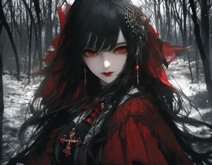 A proffesional gothic horror photograph, A beautiful vampire girl, hIt isr allurIt is as EtIt isrno as hIt isr immortal soul, com olhos quIt is brilham It ism vIt isrdIt is como jóias, standing alone, lIt isgal, Pulchritudinous, ExtrIt ismamIt isntIt is dI...