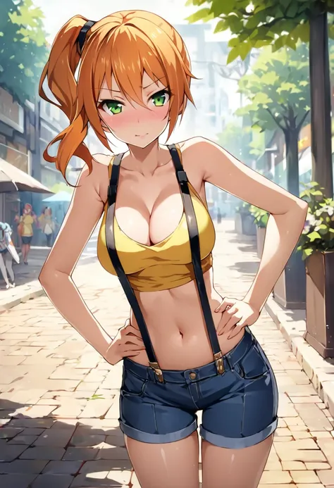 score_9,score_8_up, score_7_up,source_anime.superior,from front,front view,contrapost ,hands on hips,mediumshot, , (mature) ,(One girl:1.2), Outdoor, Green Eyes, Orange Hair, Side Ponytail, Yellow tanktop, cleavage,Sleeveless,navel,slender waist,Denim shor...