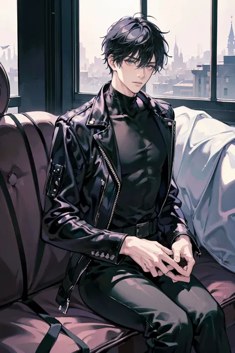 anime - (masterpiece), best quality, seductive eyes, mature face, black eyes, short messy back black haircut, plain black t shirt, black leather jacket, black pants, tall man, long legs, masculine, broad shoulders, adult-like, full body, bad boy, hes holdi...