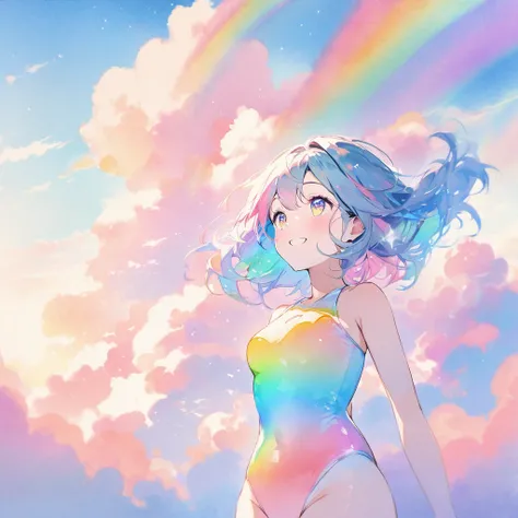 Top quality, masterpiece, pastel colored background, watercolor style, woman, rainbow colored hair, rainbow colored eyes, Rainbow colored swimsuit,rainbow colored leotard, rainbow colored clouds, sparkling sea, with a smile look up at the sky,Double Exposu...