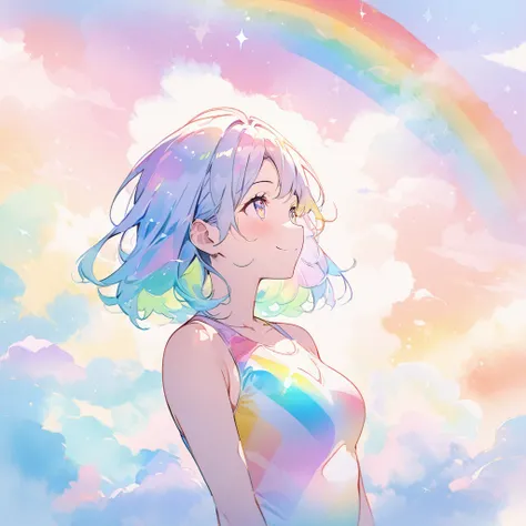 Top quality, masterpiece, pastel colored background, watercolor style, woman, rainbow colored hair, rainbow colored eyes, Rainbow colored swimsuit,rainbow colored leotard, rainbow colored clouds, sparkling sea, with a smile look up at the sky,Double Exposu...