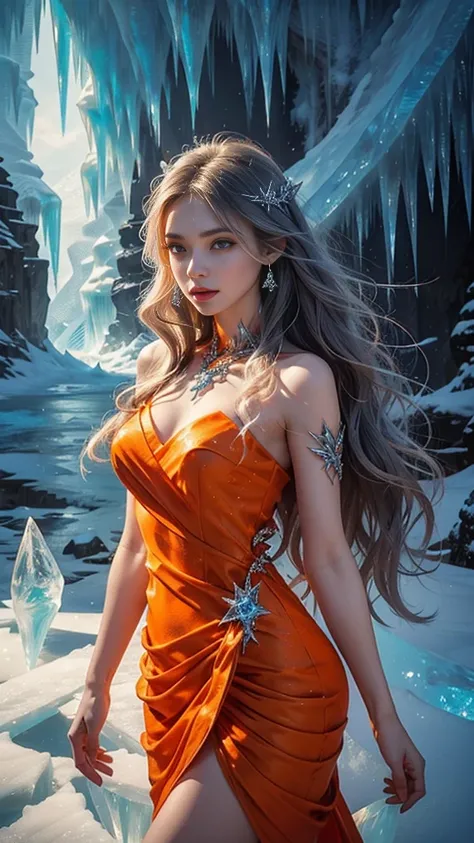 a beautiful ice goddess, good face, happy face, very long hair, realistic eyes, small breasts, ice magician, ice elemental, intricate design and details, chilling mist, cold, blizzard storm, conjuring ice spell, casting ice spell, detailed dress, (orange d...