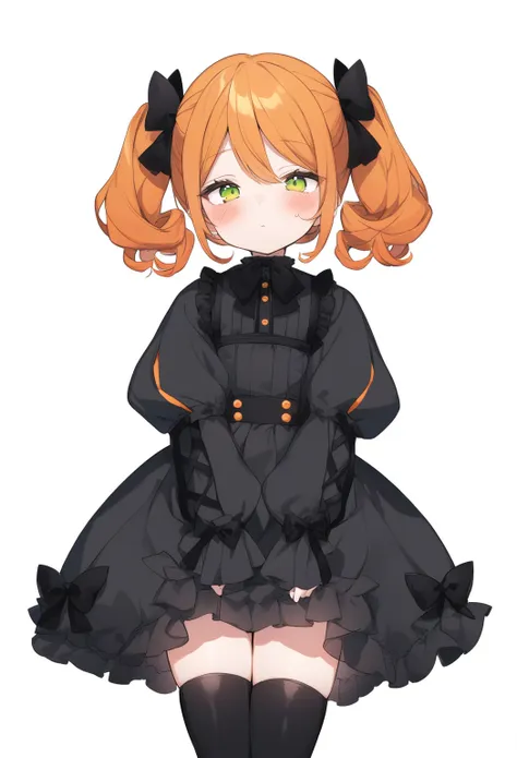 cute girl, bright orange and dark black, thigh-high socks, gothic style, small bust, witch's clothes, simple background, front v...