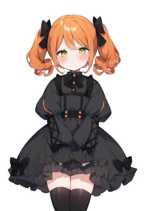 cute girl, bright orange and dark black, thigh-high socks, gothic style, small bust, witch's clothes, simple background, front v...