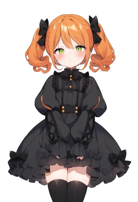 cute girl, bright orange and dark black, thigh-high socks, gothic style, small bust, witch's clothes, simple background, front v...