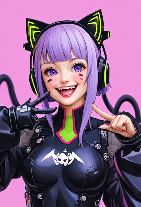 A cyberpunk-style girl of about 17 years old is standing in front of me.。Purple bob hair、Wearing cat ear headphones、Her black pilot suit-style outfit accentuates her figure.。With a proud smile、There is something cute about that expression, like a cat.。Her ...