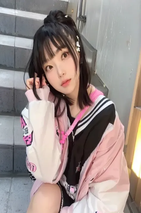 A girl in her fifties wearing a pink jacket and black shorts sitting on the stairs, Ishida Sui with black hair, shikamimi, Chiho, junko enoshima, Real life anime girls, Shirahime cut hairstyle, sakimi chan, 🚿🗝📝, sakimichan, nekomimi, Young Gravure Idol, Ko...