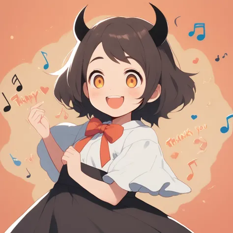 cute devil girl, happy smile, saying "thank you", saying "happy", dancing notes, fun party, hzk