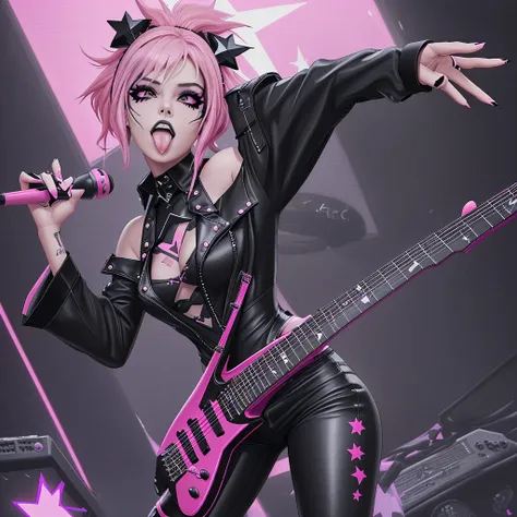 “A fierce and bold rockstar with long, vibrant pink hair, dressed in a black top featuring a star design and form-fitting black pants. She holds a star-shaped electric guitar over her shoulder, her confident stance and attitude radiating rebellious energy....