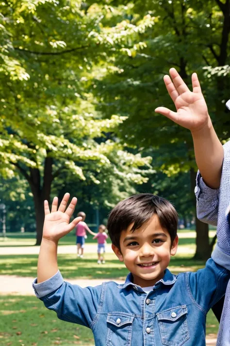 two boys waving hands bye-bye in the park face to face