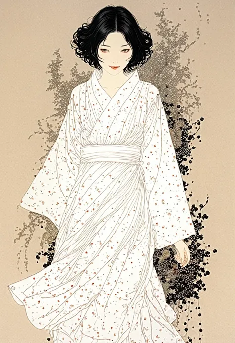 Line art、virgin、Splattered、Crazy Smile、Falling Flowers、takato yamamoto style、Traditional Japanese Patterns、Flower Art、White Dress