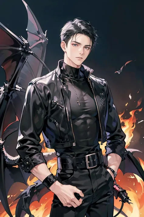 anime - (masterpiece), best quality, seductive eyes, mature face, black eyes, short slicked back black haircut, plain black t shirt, black leather jacket, black pants, tall man, long legs, masculine, broad shoulders, adult-like, full body, hands on hips, b...