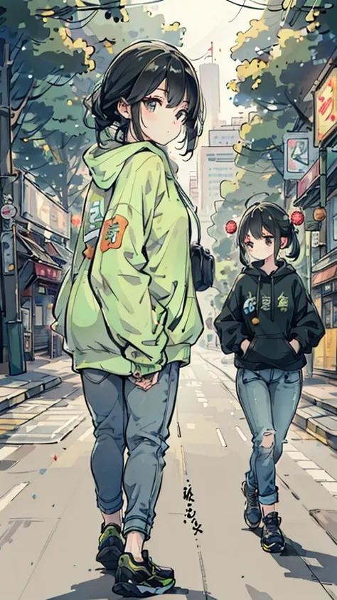 A young woman wore a light green hoodie with Chinese characters in the center. Walking on the city streets, the surrounding area has shop buildings and parked motorcycles. There was another woman in the background wearing a black hoodie and jeans. In the b...