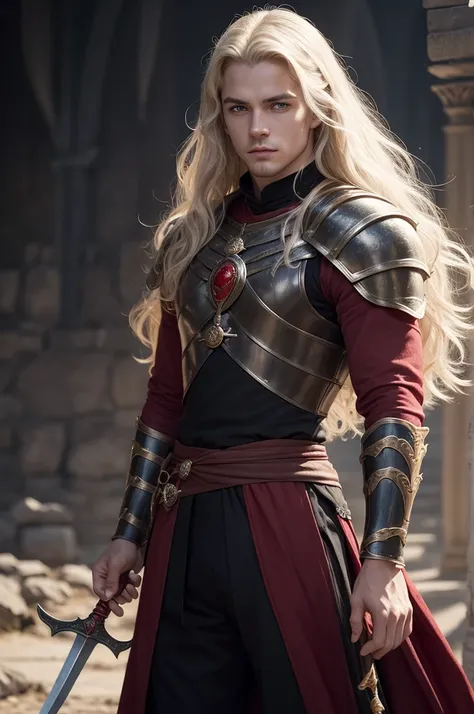 Rhaegar Targeryan, a young and very handsome prince, of practiced hair, light eyes and black and red clothes, dragon rider and a beautiful swordsman, sobrinho de Rhaenyra Targeryan, film of Visenya Targaryen and Eron Celtigar 