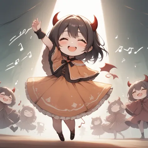 cute devil girl, happy smile, saying "thank you", saying "happy", dancing notes, fun party, hzk