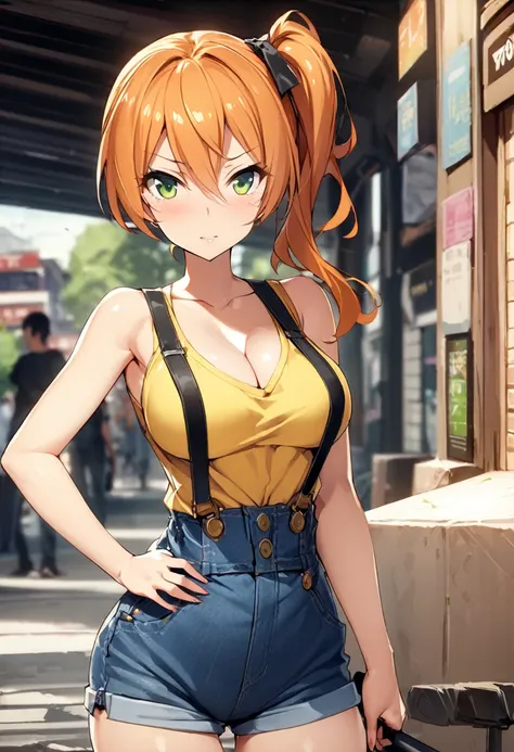 score_9,score_8_up, score_7_up,source_anime.superior,from front,front view,contrapost ,hands on hips,mediumshot, , (mature) ,(One girl:1.2), Outdoor, Green Eyes, Orange Hair, Side Ponytail, Yellow tanktop, cleavage,Sleeveless,navel,slender waist,Denim shor...