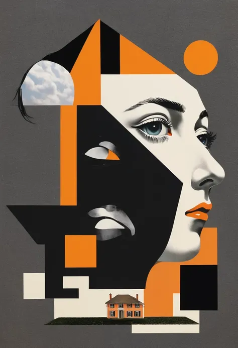 René Magritte，Weird misplaced art：Collage画，There are many different things on the face，house，Geometric Dislocation，Collage,Hollow，Artistic sense，Painting，paint，Simple，Black and Orange