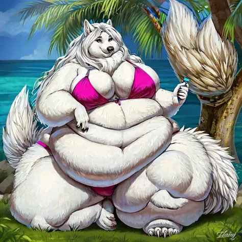 Arctic wolf, female, long messy hair, massive breasts, massive hips, massive thighs,huge fluffy tail, voluptuous, plump, voluptuous, gorgeous beautiful eyelashes, voluptuous, fat arms, fat legs, bikini , morbidly obese, bushy tail, bushy hair,claws, , bell...