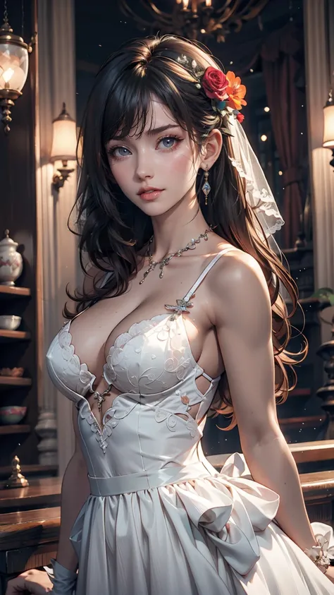 (Highest quality, High resolution, masterpiece:1.2,), figure, night, One girl, whole body, (Wedding dress), Put your arms behind your back, Wait for a kiss, View your viewers, Happy, blush,