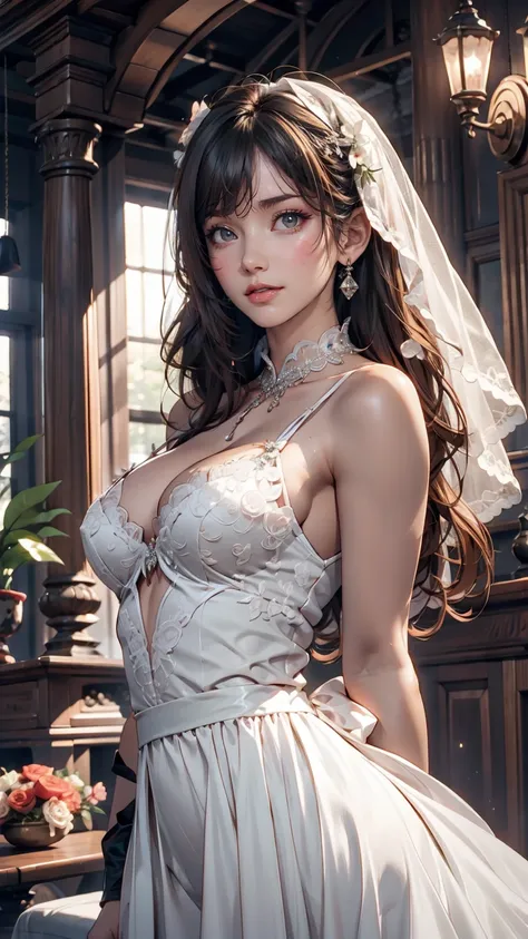 (Highest quality, High resolution, masterpiece:1.2,), figure, night, One girl, whole body, (Wedding dress), Put your arms behind your back, Wait for a kiss, View your viewers, Happy, blush,