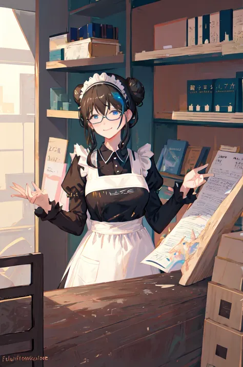 sagisawa fumika, one girl, glasses, maid, alone, bookshelf, blue eyes, black hair, alternative costume, maid headdress, apron, e...