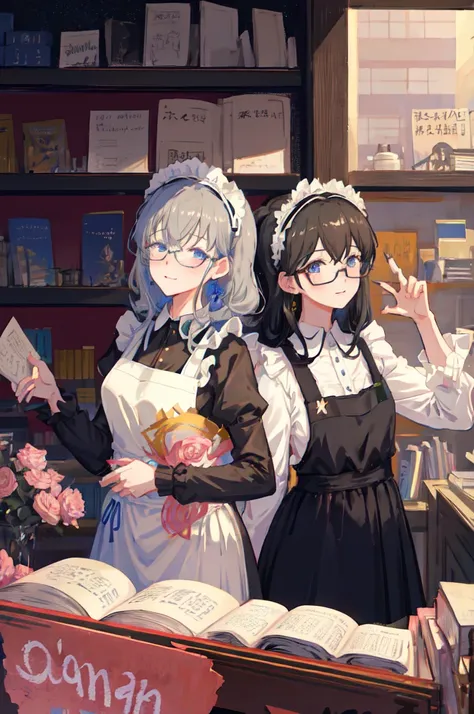 sagisawa fumika, one girl, glasses, maid, alone, bookshelf, blue eyes, black hair, alternative costume, maid headdress, apron, e...