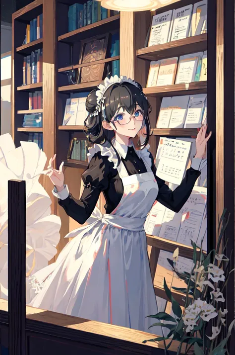 sagisawa fumika, one girl, glasses, maid, alone, bookshelf, blue eyes, black hair, alternative costume, maid headdress, apron, e...