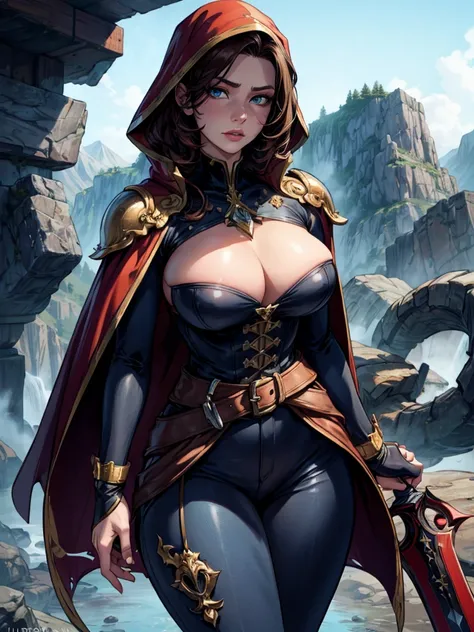 8K,Female adventurer from another world,Super beautiful(like the real thing),Adult woman in leather armor,brown hair,blue eyes,A long, large sword hangs from his waist,Brown combat trousers,dagger on waist,Walking in mountainous areas,perfect face,Perfect ...