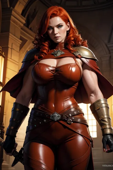 beautiful redhead nordic warrior orange curly hair muscular body perfect breasts leather pant armor leather cape with fluff edge...