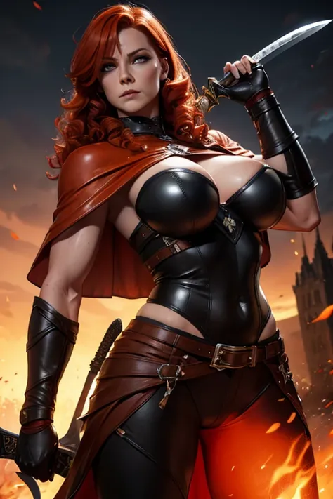 Beautiful redhead nordic warrior orange curly hair muscular body perfect breasts leather pant armor leather cape with fluff edge holding large sword detailed face would cheekbones blushing rendered image posing heroically 