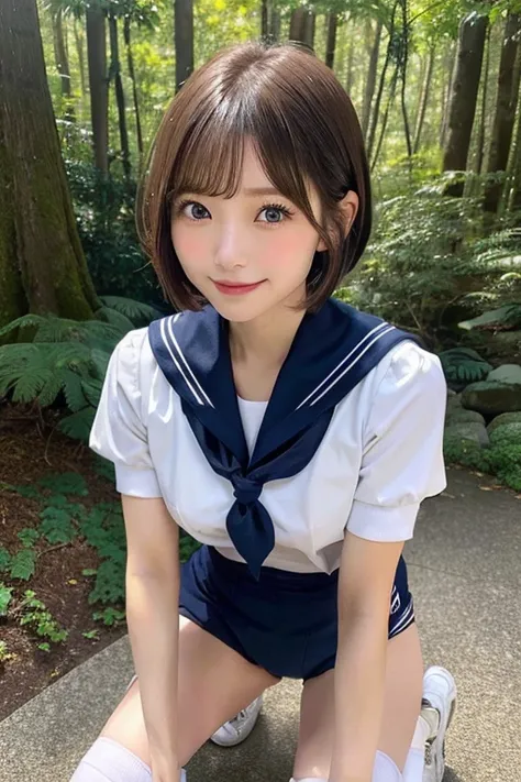 (Japanese girl bending down to tie her shoelaces)、cute、Brown Hair、((Short Bob Hair、Deep blue eyes:1.2))、Shiny and smooth hair、Thick bangs、(A thoughtful smile:1.2), Very detailed顔と目,Highest quality, Ultra-high resolution,Ultra-realistic shiny skin、Very deta...