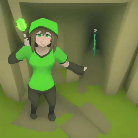 A detailed digital illustration of Alex from Minecraft. She stands confidently in her iconic green shirt and brown pants, holding a diamond pickaxe in one hand and a torch in the other. Alex is depicted with a determined expression, ready for adventure. Th...