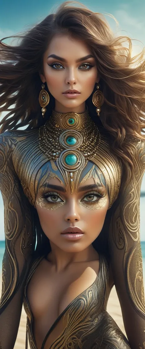 Waist high Portrait of an exotic beautiful caucasian woman wearing trendy clothing at a beach, perfect detailed face, 
detailed symmetric hazel eyes with circular iris, realistic, stunning realistic photograph, 3d render, octane render, 
intricately detail...